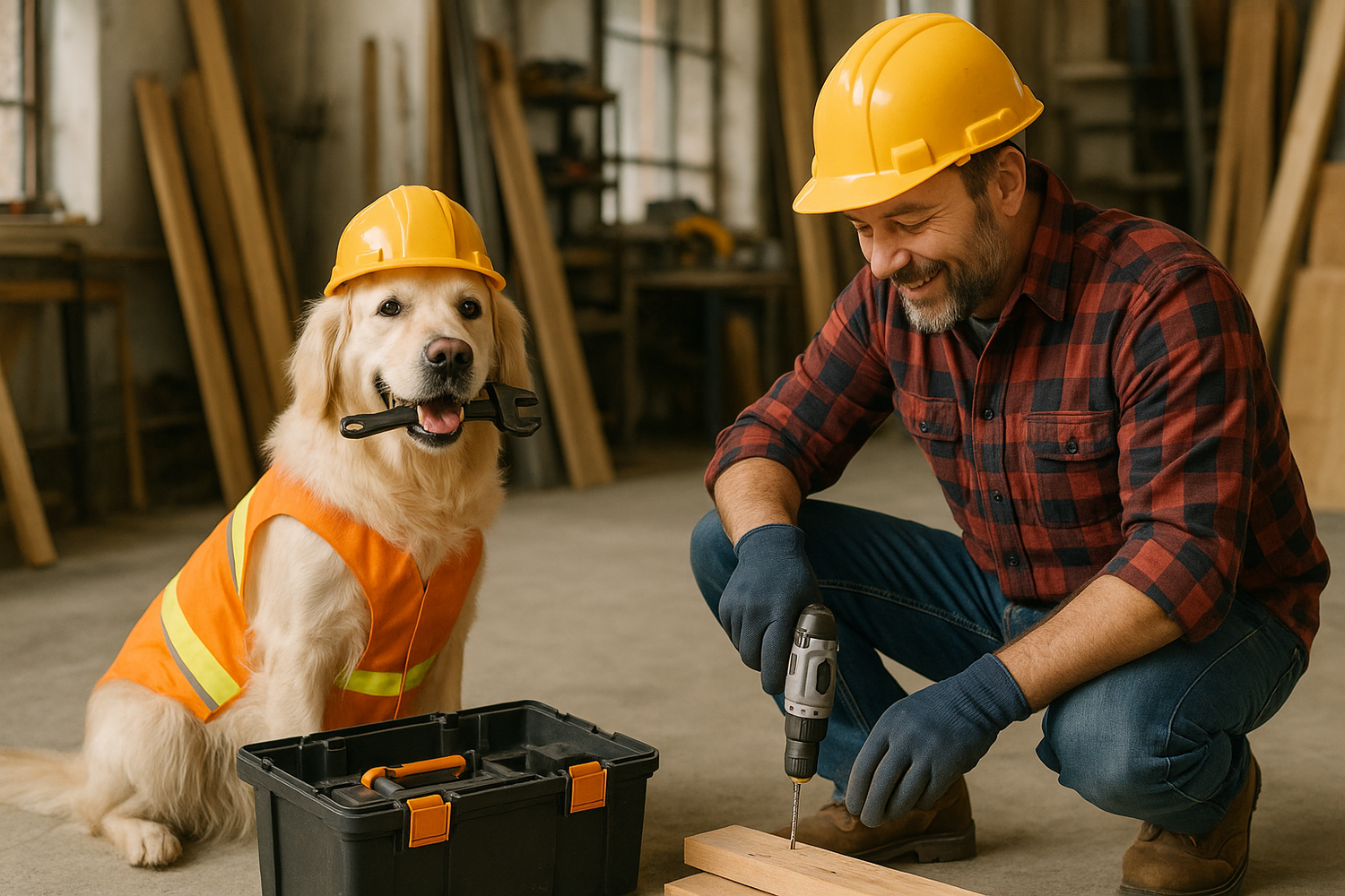 Dog helping tradesman at work