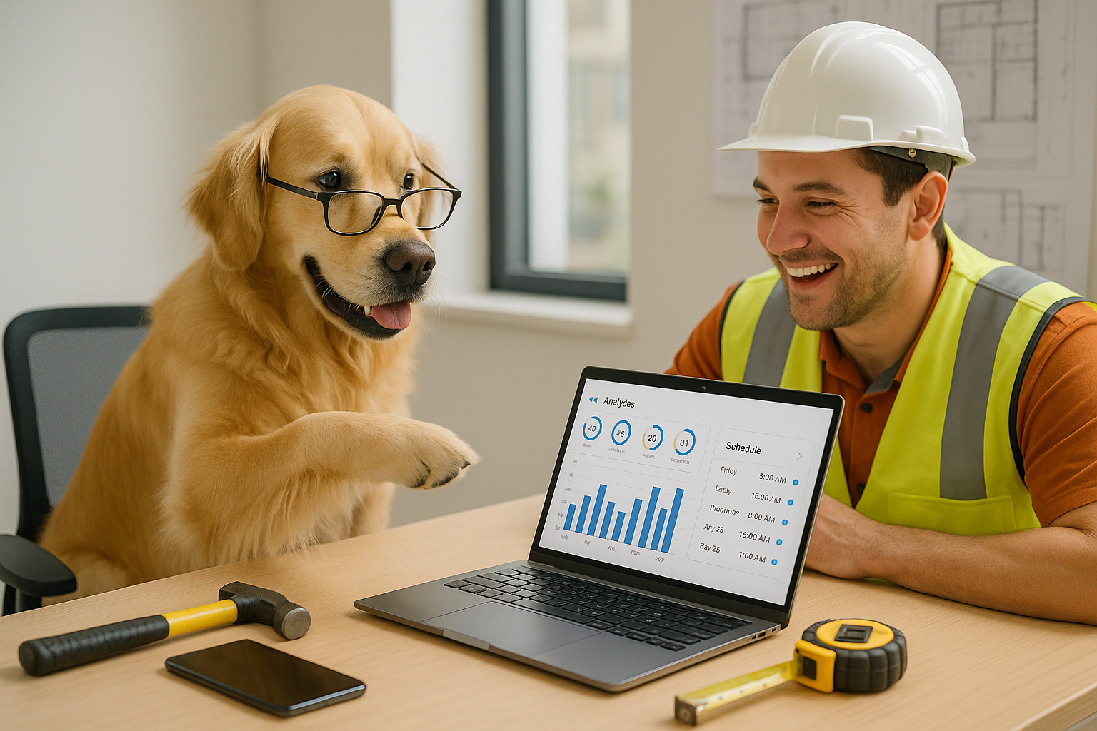Dog helping tradesman with social media management